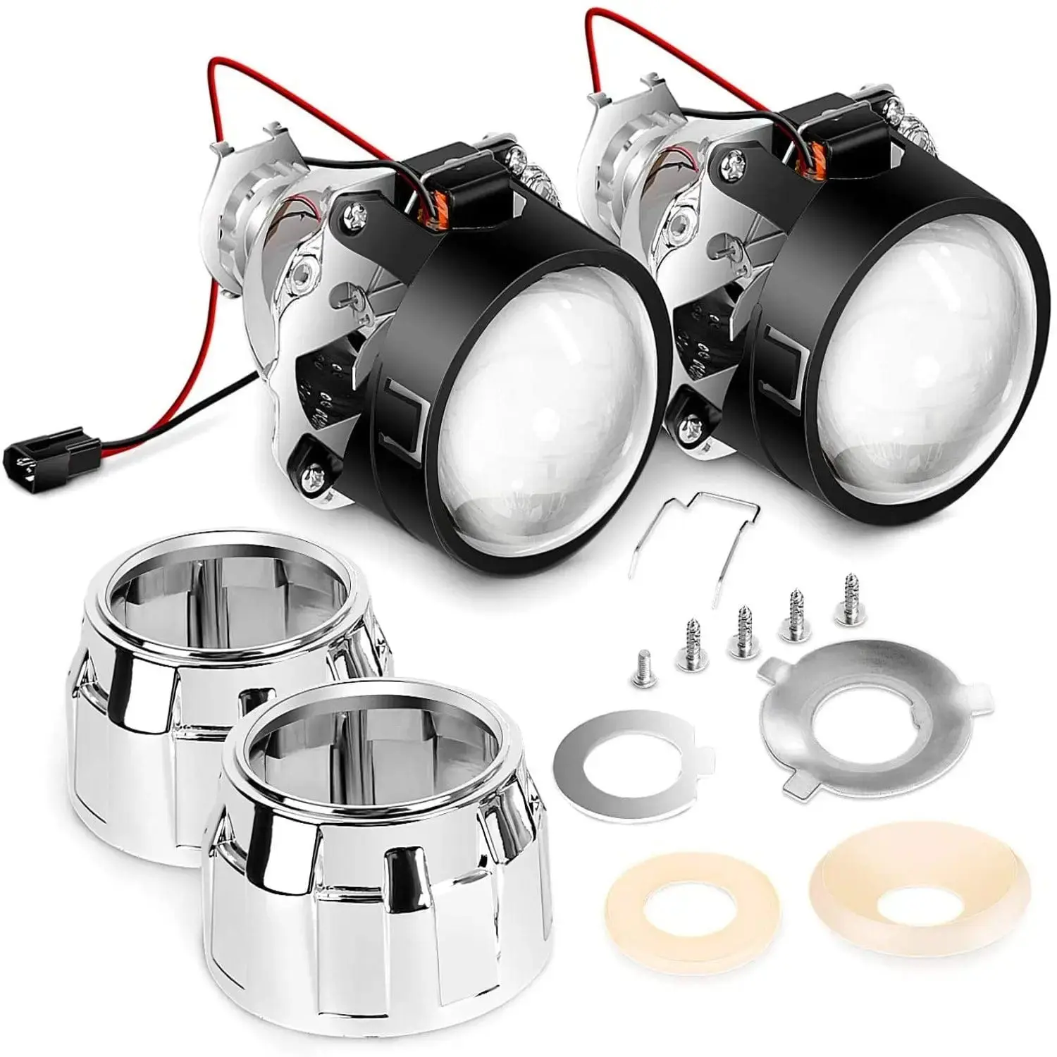 Nilight 2.5 Inch Glass Mini Projector Lens Set for H1 Bulb Headlights Retrofit, ABS+Glass Shrouds, H4/H7 Adapter Plates, Beam Adjuster, Universal Fit (Pair)