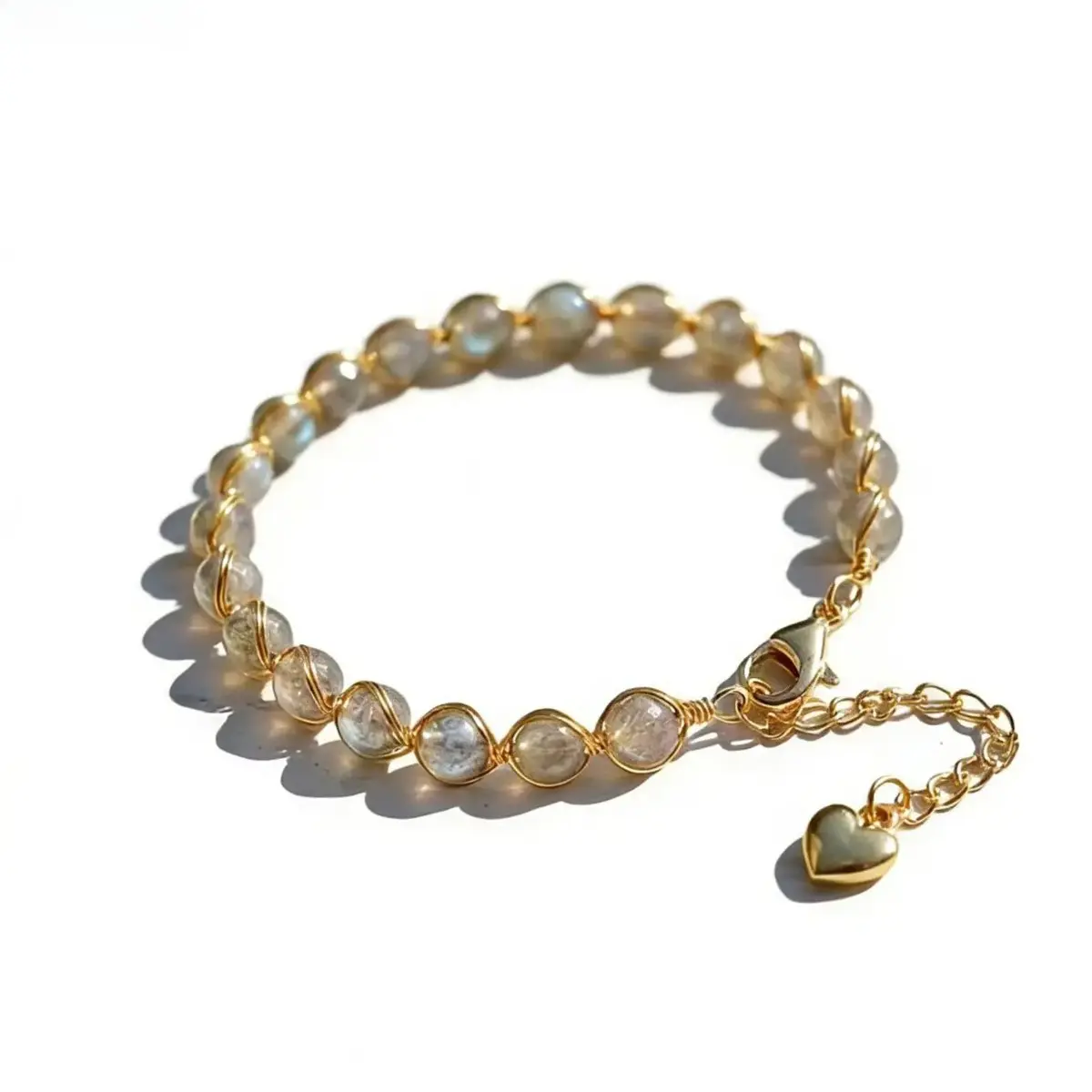 Natural Moonstone Wire Wrapped Bracelet for Women, 14K Gold Filled Beaded Bangle for Boho Layering Yoga and Summer Outfits