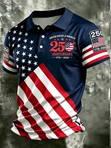 Men's Casual Sport Short Sleeve, Usa 250th Anniversary Flag Print, Polyester Fabric, Breathable, All Seasons, Breathable Gym Shirts