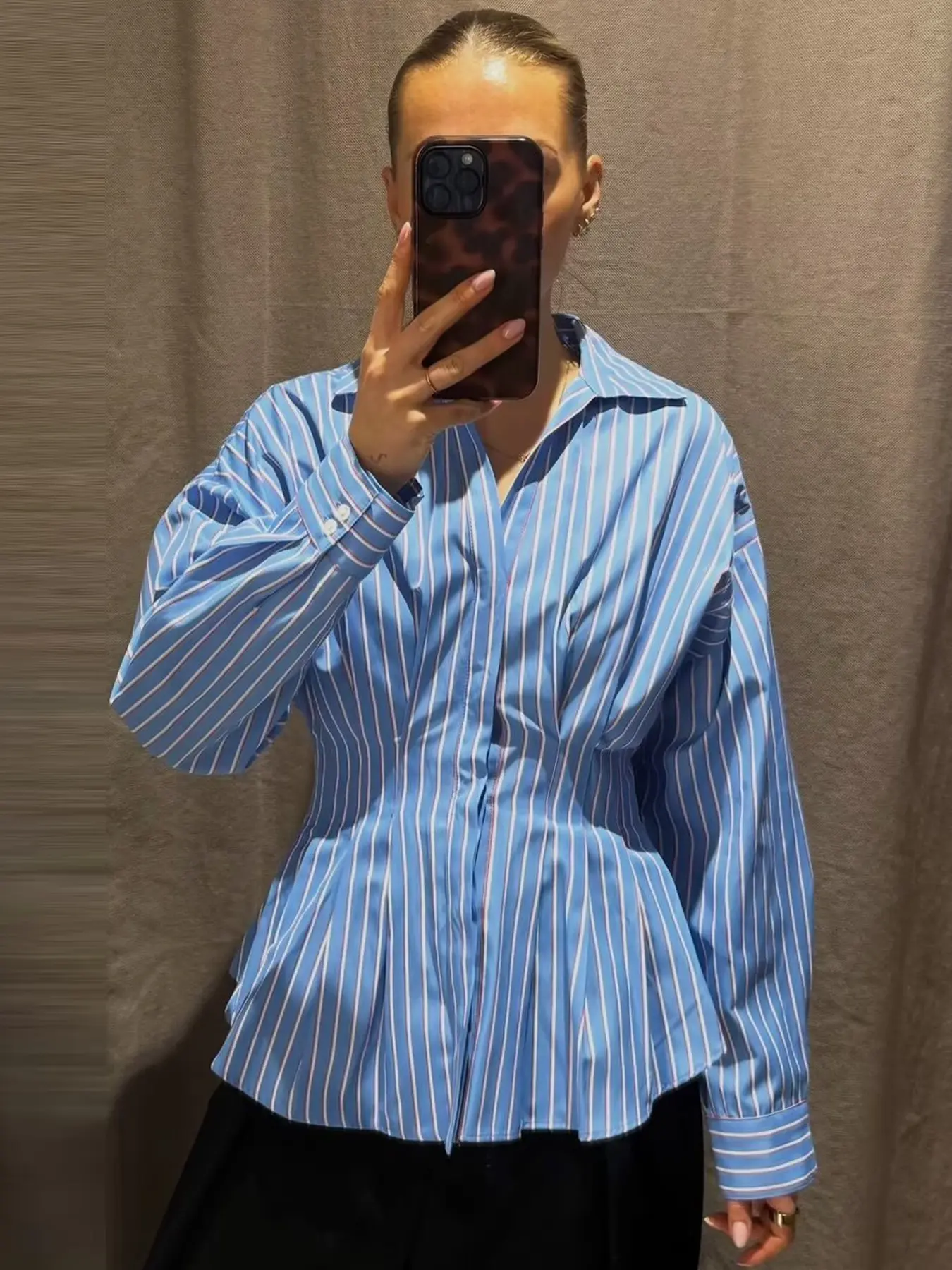 Blue Striped Ruched Blouses Women's Slim Fitting Shirt Summer Autumn 2026 Casual Poplin Pleated Slim Long Sleeve Tops For Women Elegant Office Daily Business Commute Versatile Shirts