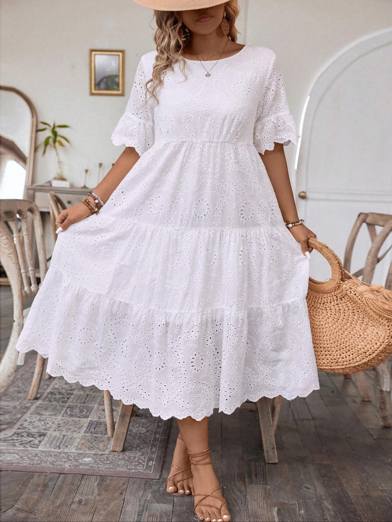 【Plus Size】 Plain Eyelet Embroidery Dress, Boho Fashion Round Neck Dress for Daily Holiday Vacation Wear, Women Plus Clothing for Summer