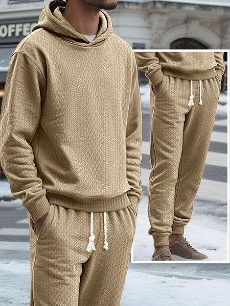 Two-piece men's solid color hooded sweatshirt and drawstring pants set, jacquard texture casual long-sleeved top with long pants autumn and winter men's clothing set, sportswear jumpsuit, Fall outfit, Sweatsuit Sets