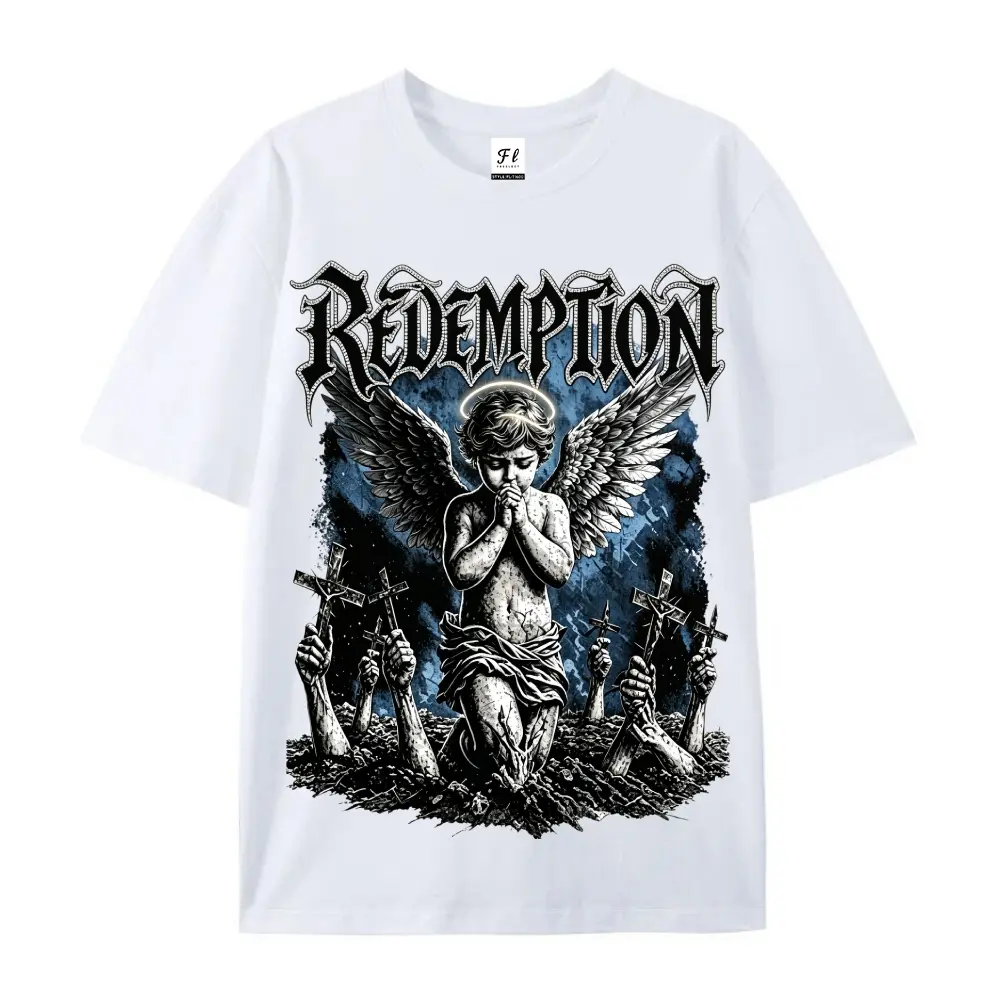 Men's Vintage Redemption Angel Graphic Short-Sleeve T-Shirt - Retro Gothic Cross Print, Heavyweight Cotton, Casual Streetwear Tops