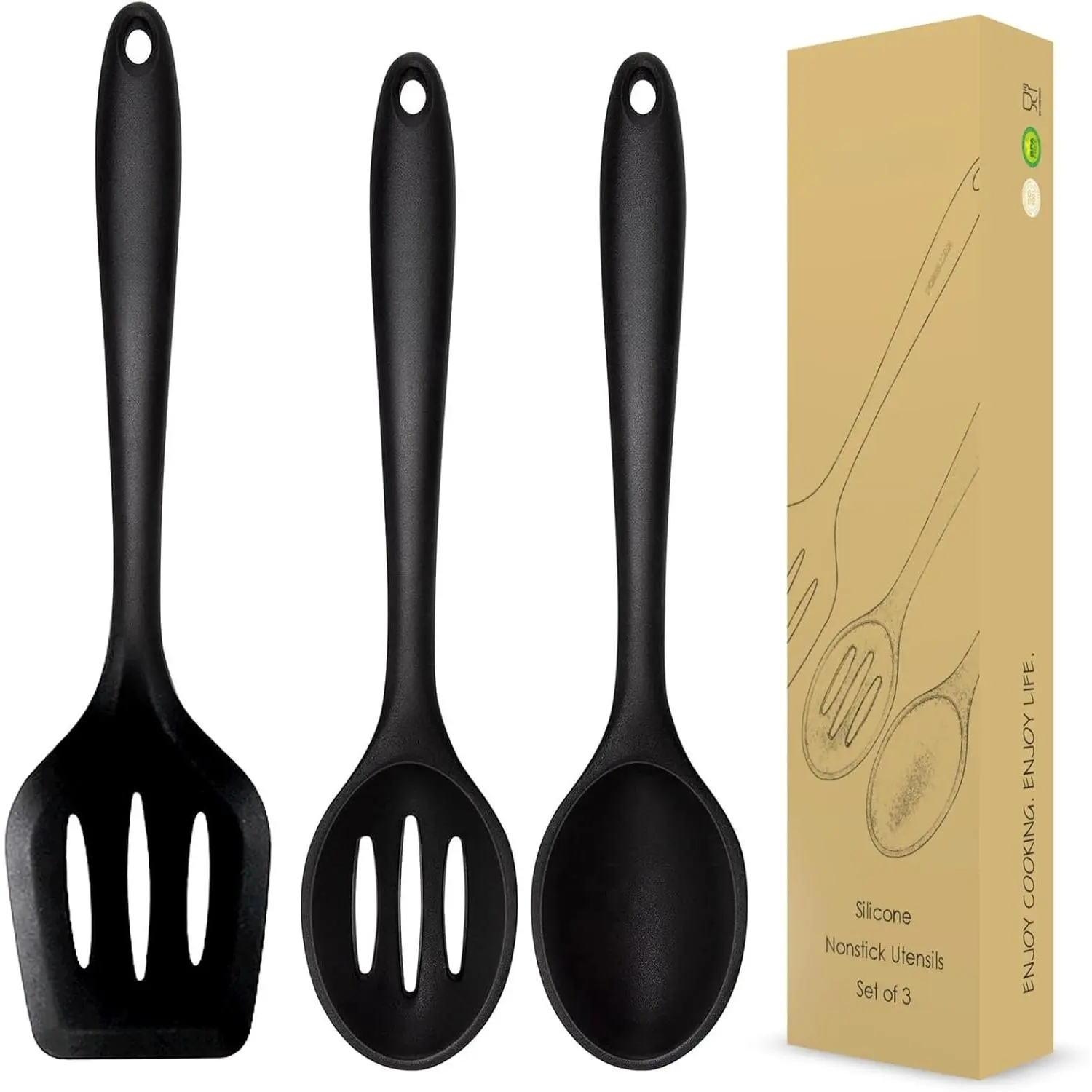 Synthetic 3-Piece Black Nonstick Kitchen Utensils Set - 12" Long, 11 1/3" Long Non-Slip Handle Multipurpose Spatulas & Turners, Spoons, Heat Resistant, Dishwasher Safe, Compatible with Nonstick Cookware