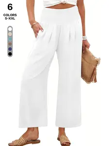 2026 Summer Smocked High Waist Wide Leg Cropped Pants, Casual Loose-Fit Linen-Look Palazzo Trousers with Pockets, Breathable Beach Pants
