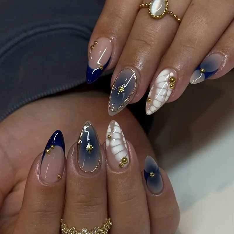 24 Pcs Almond Press On Nails, 3D Gilded False Nails with Hand-Placed Rhinestones & Blended Shades, Reusable Art Nail Tips for Daily, Date & Party Looks