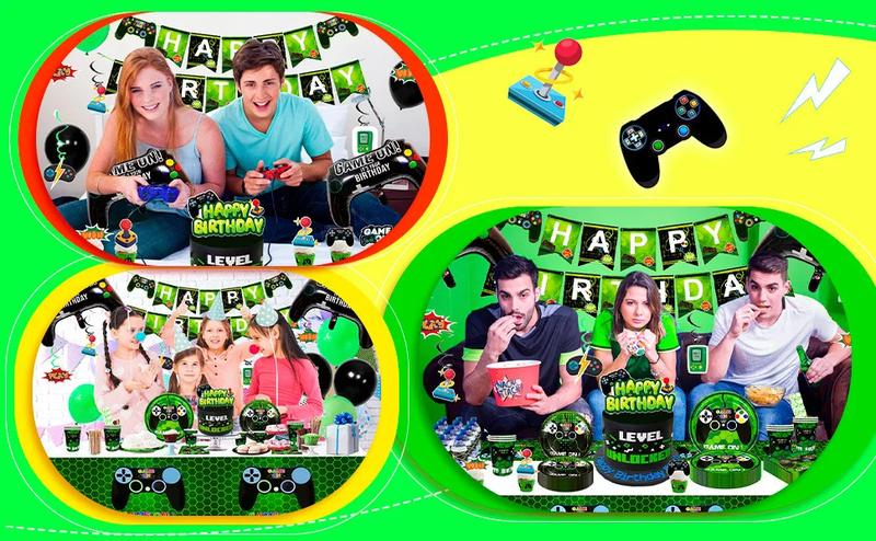 Video Game Birthday Party Decorations for Boys,132pcs Birthday Decorations&Tableware Set-Plates Cups Napkins Tablecloth Balloons