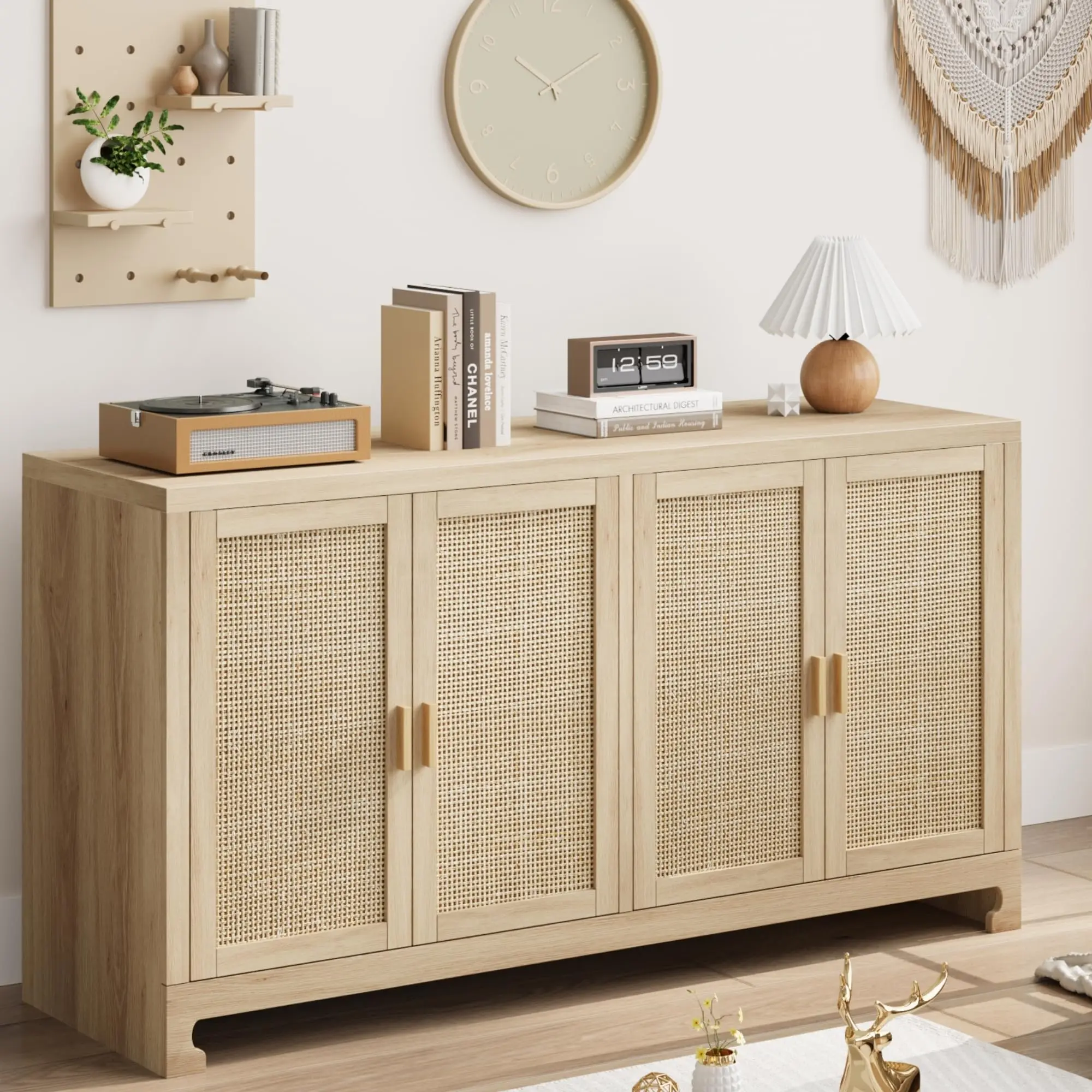 GARVEEModern Rattan Buffet Cabinet with 4 Doors + Multifunctional Storage + Handwoven Rattan + MDF Wood + Anti-tip Kit + Dining Room, Kitchen, Living Room