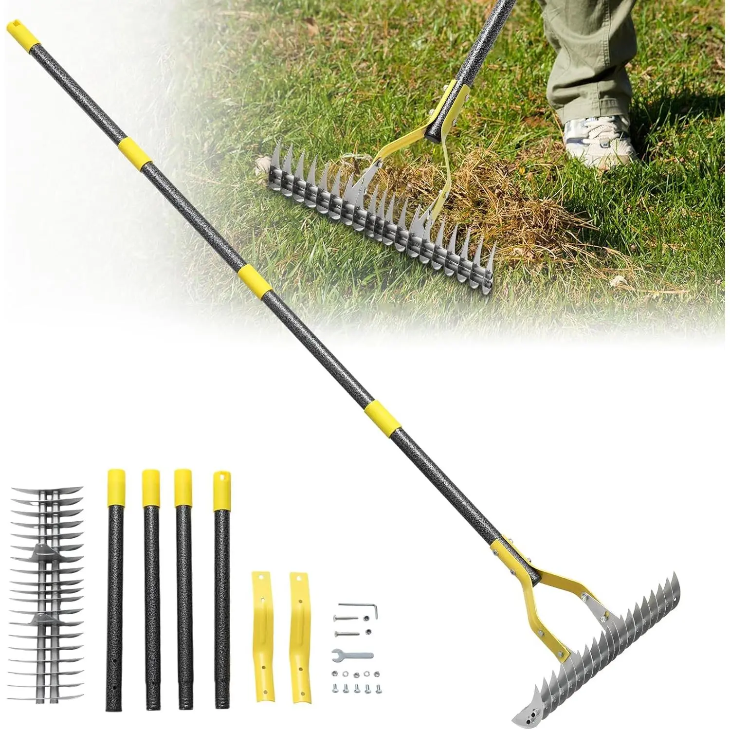 Thatch Rake, 55 inch Heavy Duty Dethatcher Rake Adjustable Dethatching for Loosening Soil Gathering for Leaves Leveling Lawn Farming Land Cleaning  Grass Yard Garden