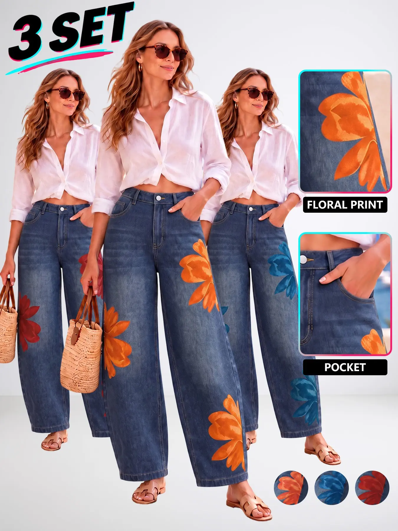 Women's 3 Pack Floral Wide Leg Jeans, High Waisted Relaxed Fit Denim Jeans, Bold Flower Print, Casual Streetwear, Summer Fall Fashion Pants