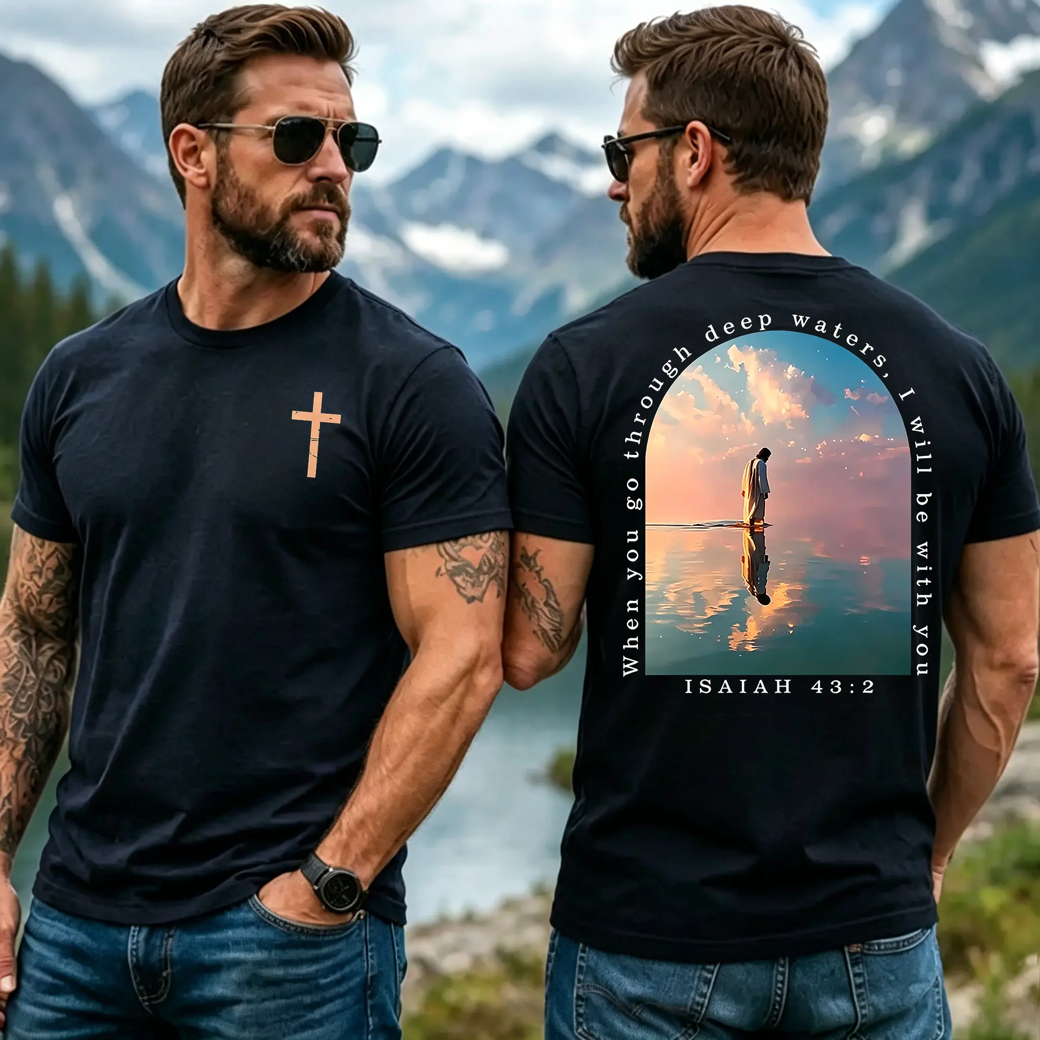 Men's Christian Graphic T-Shirt, Loose Fit Short Sleeve Streetwear Tee in 100% Cotton Fabric with Isaiah 43:2 Verse Print, Shortsleeve, Menswear, Round Neck, Breathable, Relaxed Fit, Casual, Tshirt, Top, Tops, Graphic Print, Hot Stamping, Isaiah Quote, Al