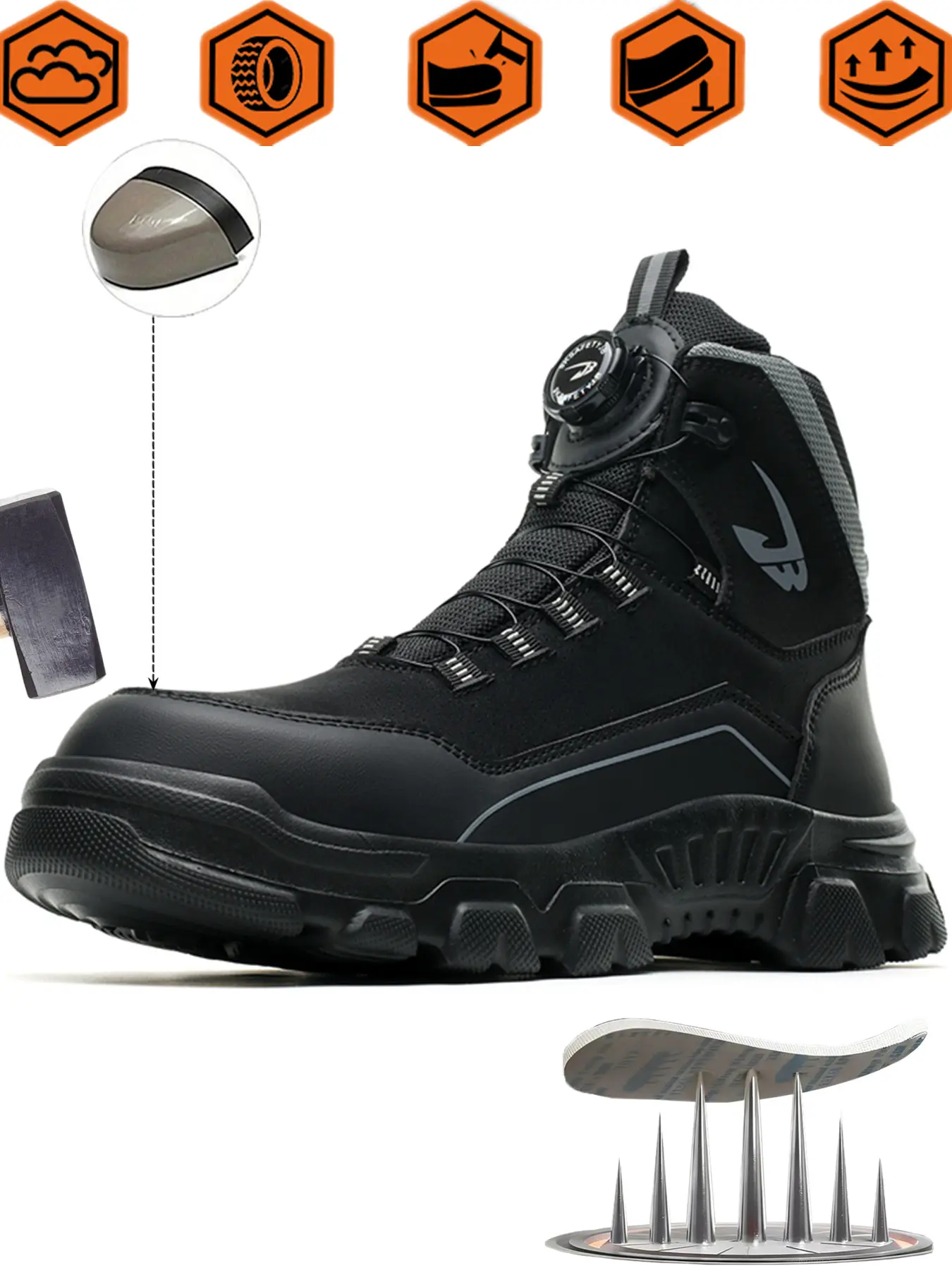 Men's Women's Heavy-Duty Work Boots, Safety Boot, Steel Toe, Rubber Sole, Arch Support, All-Season, Ideal for Construction, Warehouse, Gardening, Hiking