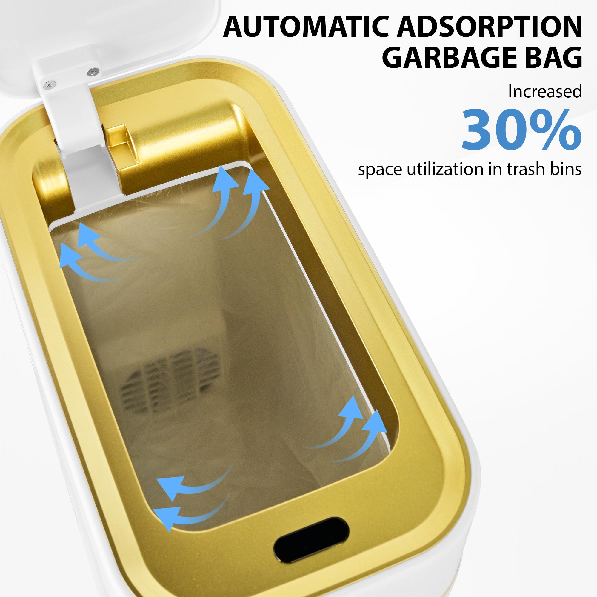 Auto-Sensor Trash Bin - Wave & Knee Induction Quick Voiceless Open Removable Liner Battery-Powered Motion Sensor Touchless Waterproof Durable Multipurpose Reusable Automatic Plastic White Gold