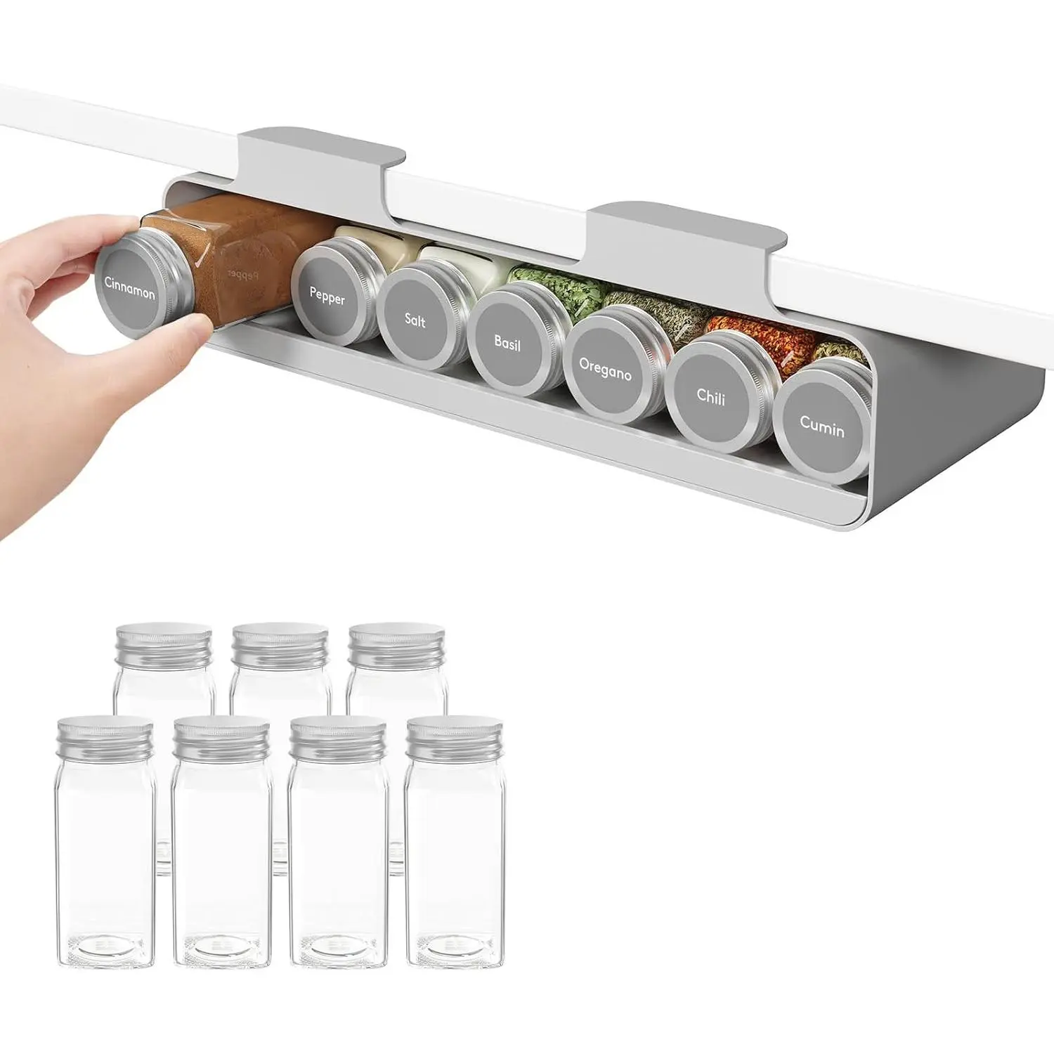 Under Cabinet  Rack Organizer with 7 Jars, Lables, Under Shelf, Easy Refilling with  Funnel,Seasoning Organizer for Kitchen Storage Solution, Gray