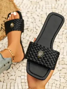 Women's Boho Braided Slippers, Square Toe Design, Flat Sole, Sequin Eagle Head Decoration, Summer Casual, Beach, Outdoor, Formal Wear