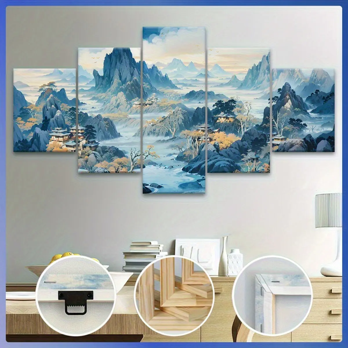 2D Flat 5-Piece Wooden Framed Realistic Chinese Style Landscape Canvas, Stylish Posters, Home Decor Pattern Art, Suitable For Living Rooms, Bedrooms, Offices, Bars And Dining Rooms, Premium Waterproof Canvas Prints, High Definition Artworks