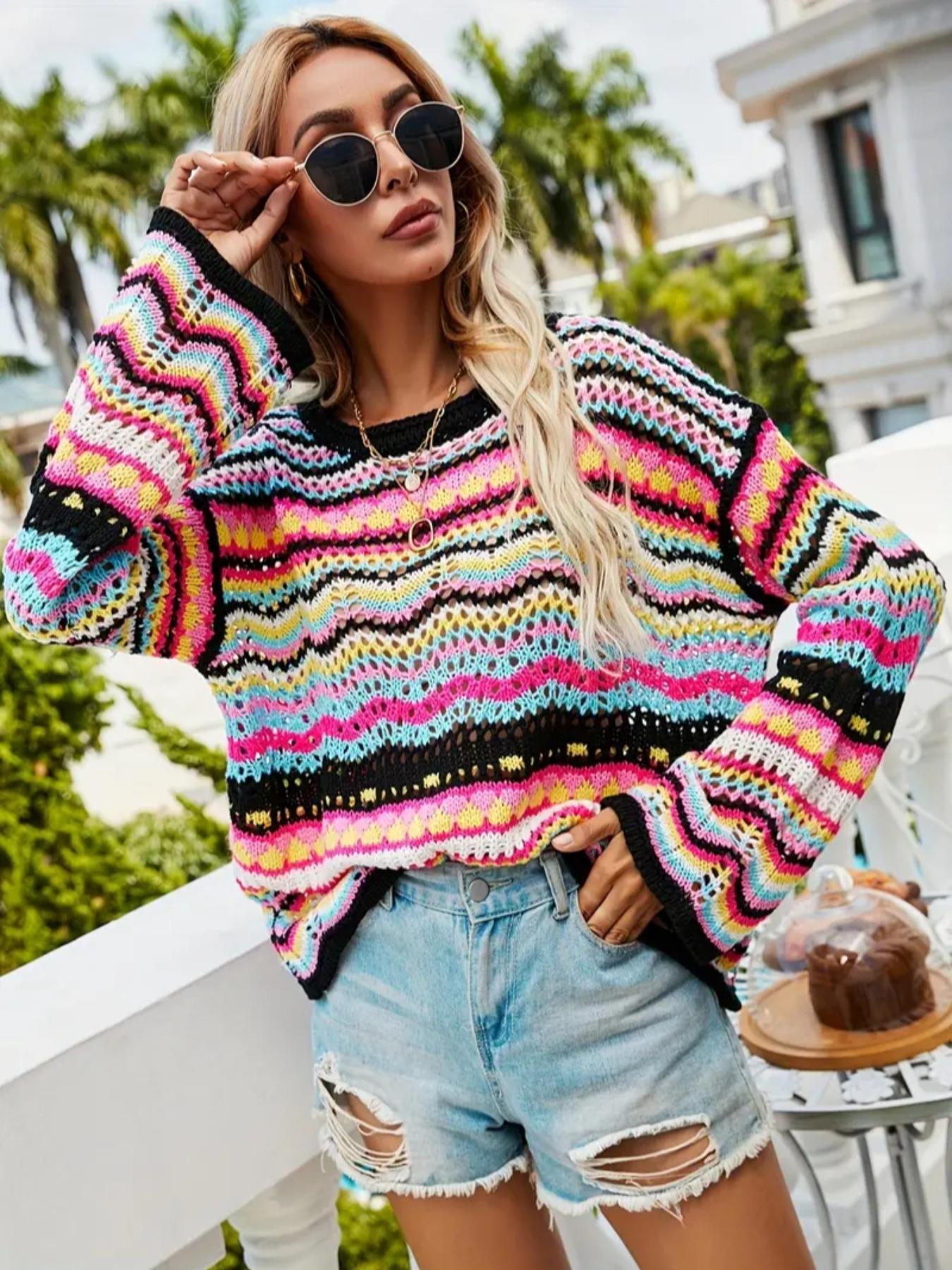 Women's Colorful Striped Print Hollow Out Drop Shoulder Knitting Sweater, Casual Long Sleeve Round Neck Jumper for Spring & Fall, Fashion Women's Knitwear for Daily Wear