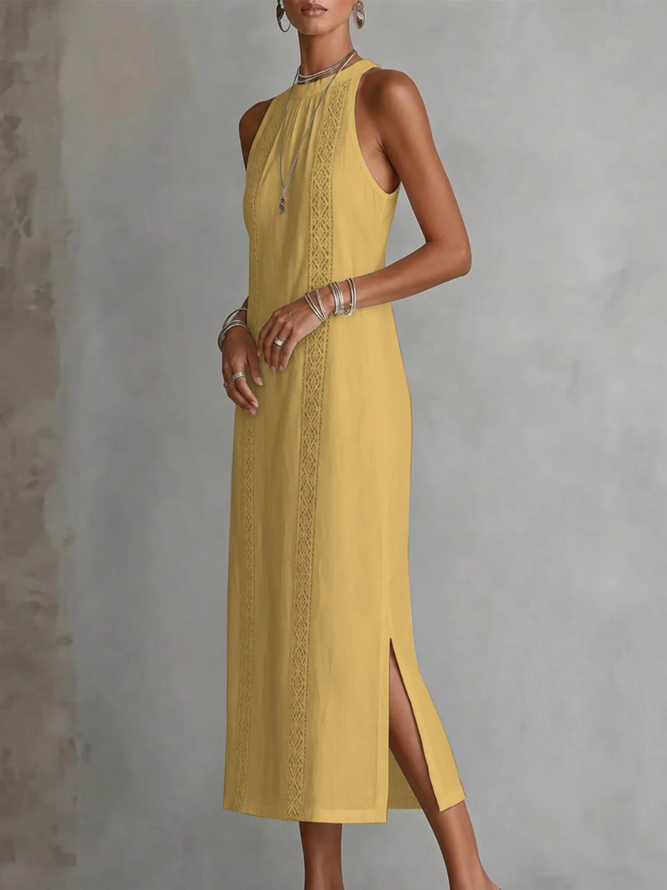 Halter Neck Sleeveless Midi Dress, Crochet Panel, Side Split, Hidden Pockets, Lightweight Chic Casual Summer Dress, Vacation & Daily