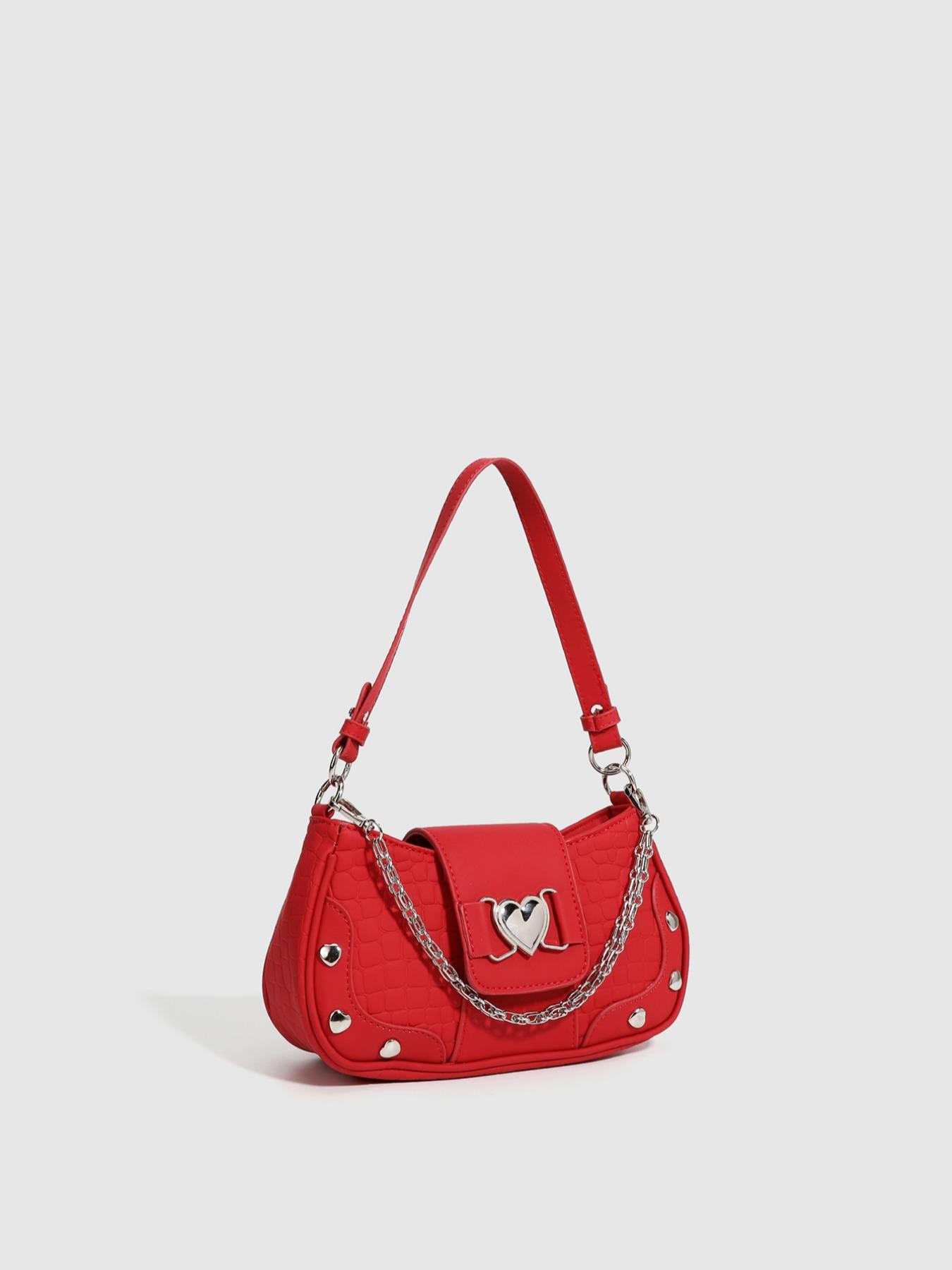 Women's Fashion Chain Decor Shoulder Bag, Heart Decorated Crocodile Textured Pu Leather Bag for Daily Used, Trendy All-match Underarm Bag, Cute Y2k Punk Style Hobo Dumpling Bag, Casual Zipper Purse, Chic Chain Crossbody