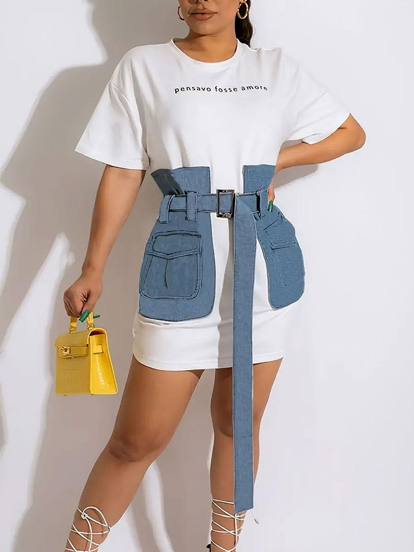 Women's Letter Print Tee Dress, Casual Short Sleeve T-shirt Dress for Summer, Ladies Clothes for Daily Wear, Clothing