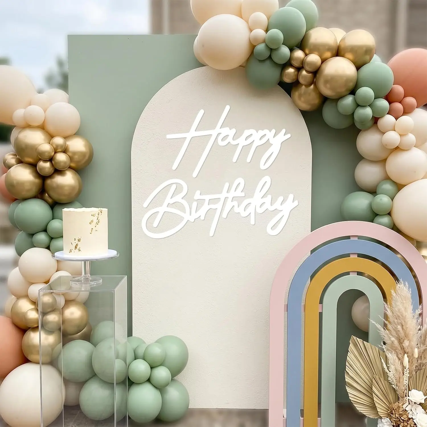 Classy Synthetic White Happy Birthday Felt Letter Banner - 13.8" w × 8.7" h Balloon Garland Arch Backdrop, Party Décor with Dot Glues for Kids' Celebrations