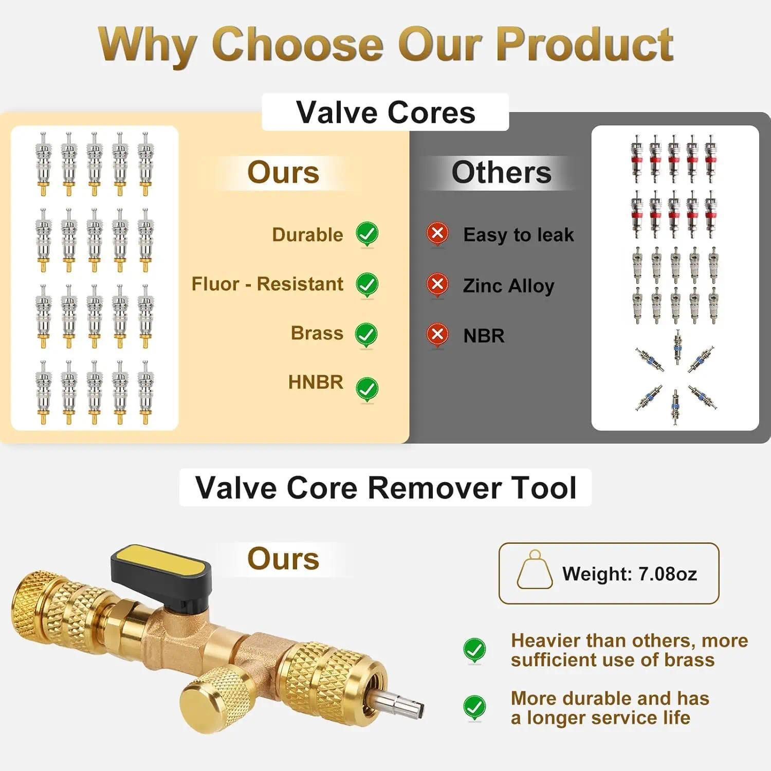 PLUS AC Valve Core Remover Installer Tool with Dual Size SAE 1/4 & 5/16 Port, 20 PCS Valve Cores with Teflon Seal and 10 PCS Brass Nuts, Compatible with R22 R12 R407 R410 R404 R32 R600 A/C,TikTokShopBlackFriday Quick Replacement Disassembly Tools