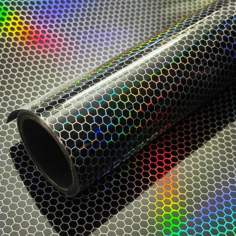 Premium PET Glossy Rainbow Chrome Holographic Hex Honeycomb Black Vinyl Wrap Film With Air Release Self Adhesive Car Motorcycle Foil Roll Sticker Decal