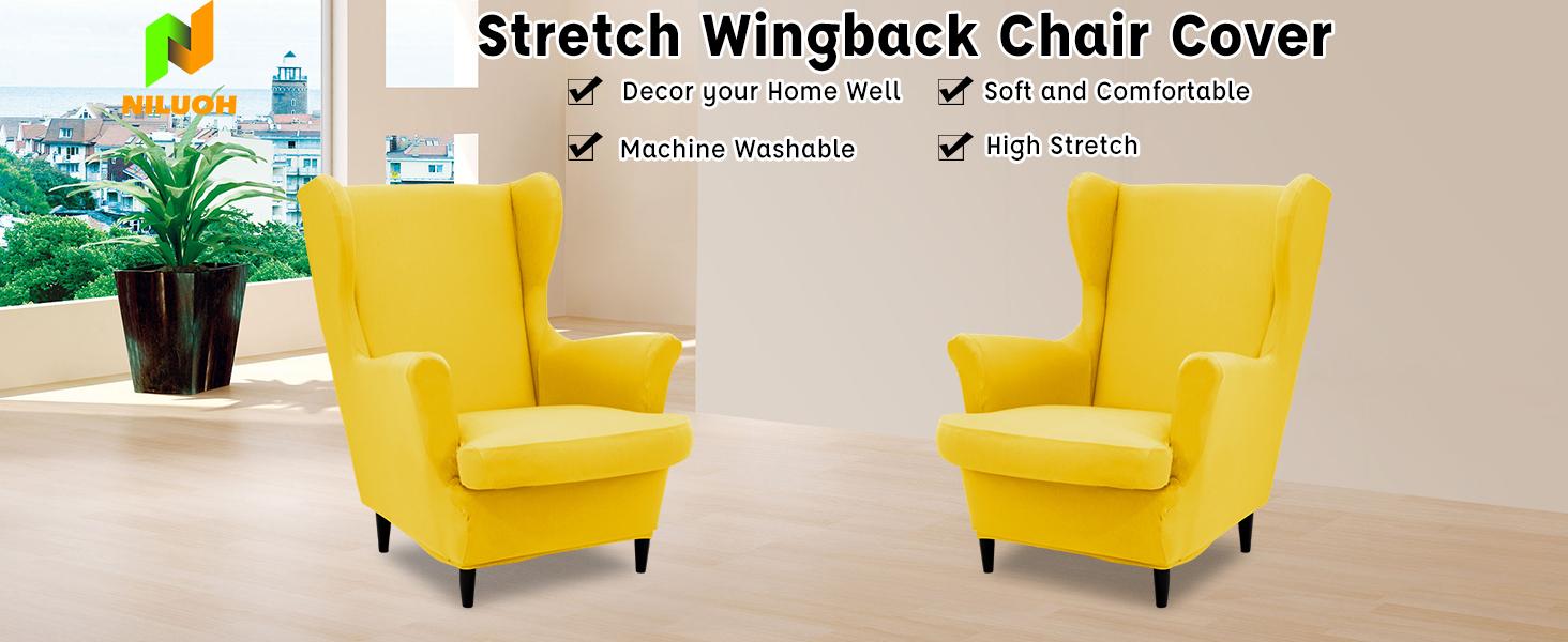 NILUOH Wingback Chair Cover 2-Piece Soft Stretch Wing Chair Slipcover Solid Color Armchair Sofa Couch Cover Furniture Protector with Elastic Bottom for Living Room Bedroom (Navy)