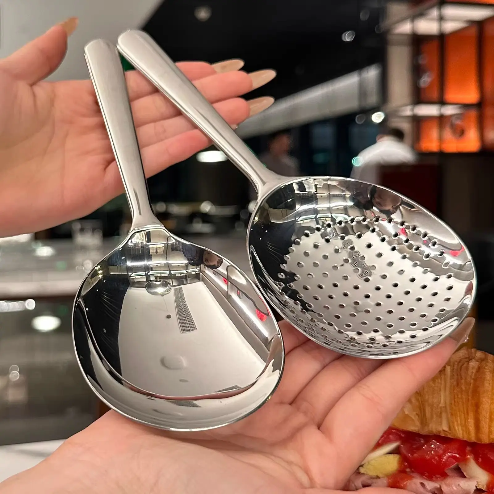 2 Pcs Heavy Duty 304 Stainless Steel Ladle, Skimmer, Strainer and Spoon Set, Long Handle for Safe Serving, Durable Home and Commercial Utensils