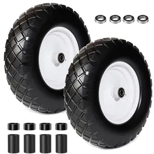 4.80/4.00-8 Flat-Free Solid Wheelbarrow Tire and Wheel, 16" Solid Tire with 5/8" & 3/4" Bearings, 3" Hub for Hand Truck, Garden Cart, Trailer, Trolley, Wagon (Set of 2)