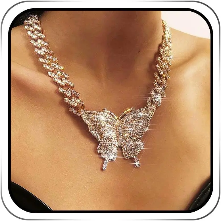 Women's Gold Rhinestone Butterfly Pendant Chain-Link Necklace - Elegant Female Party Jewelry Gift