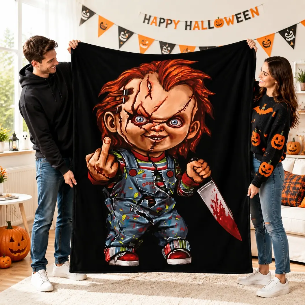 Killer Doll Horror Flannel Blanket, Chucky Style Coral Fleece Plush Throw Blanket for Adults & Kids, Ultra Soft Cozy Warm All-Season Blanket for Bed Sofa Bedroom Home Decor Gift