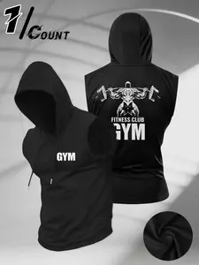 Men Sleeveless Hooded Tank Gym Weightlifter Barbell Back Print Breathable Mesh Workout Fitness Vest