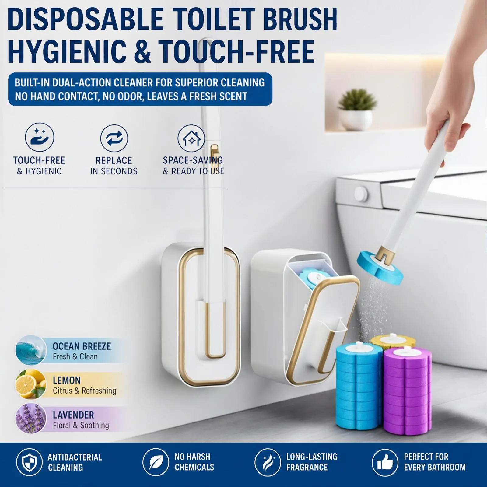 Disposable Toilet Brush Set with Flower Sponge Refill Heads, Built-In Cleaner, Effortless Cleaning Solution, Wall-Mount Space-Saving Holder, Deep Clean Tech, Dead Corner Elimination for Bathroom Use, Flower Sponges