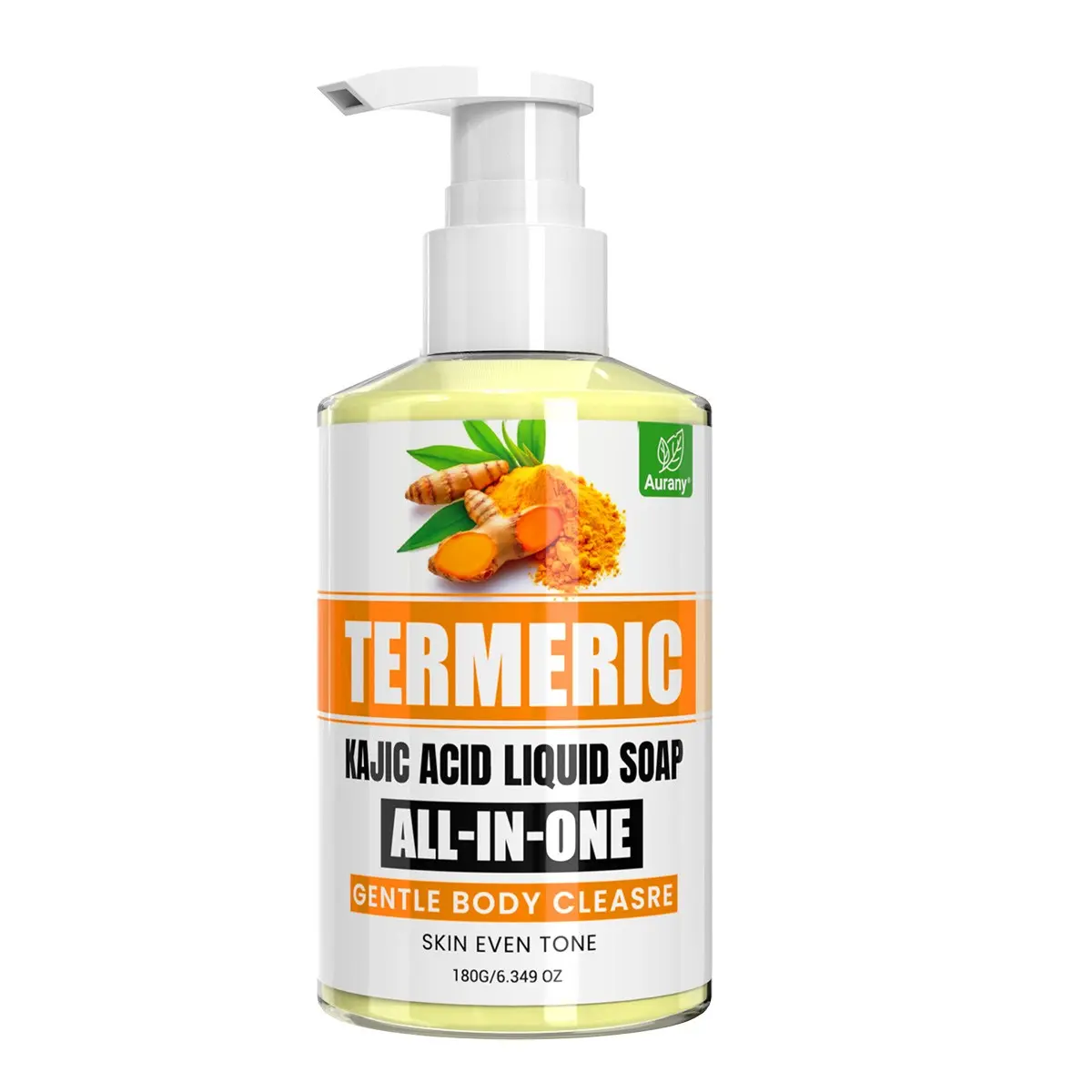 Curcumin Acid Soap, Body Cleansing Soap, Facial Cleansing Soap, With Turmeric & Kojic Acid Extract, Suitable For Facial, Body, And Hair Cleaning, Gentle And Non Irritating, Suitable For Light Beige Skin, Pump Head Bottle Liquid Soap - 180g