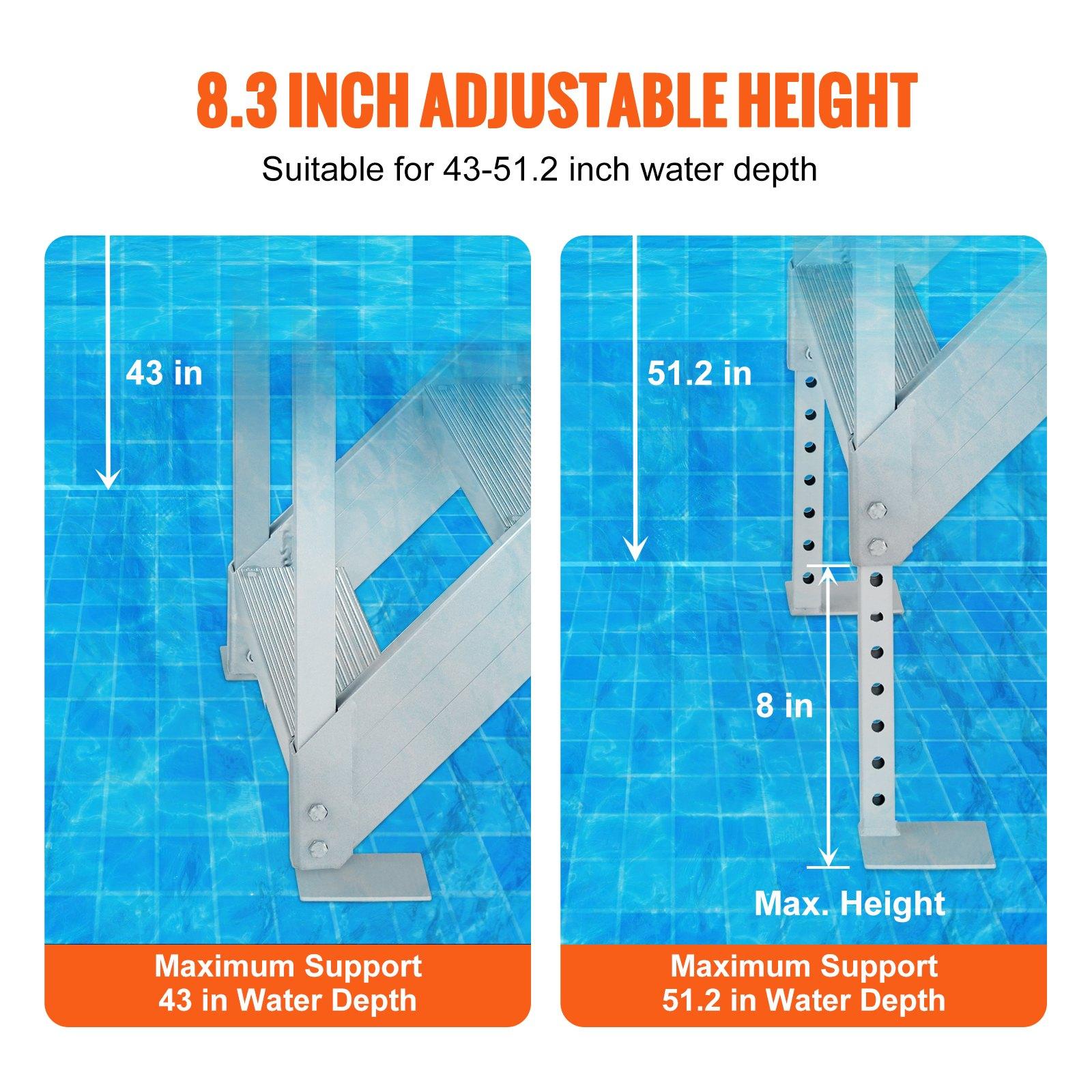 【Summerfinds】6-Step Aluminum Adjustable Dock Ladder, 43-51in Free Height Adjustment, 500lbs Load Capacity, Dual Nonslip Mat Rails, Comfortable Walking, 31.5x72.8x82.3in Size, Ideal for Swimming Pools, Safe for Child & Elderly, Handrail
