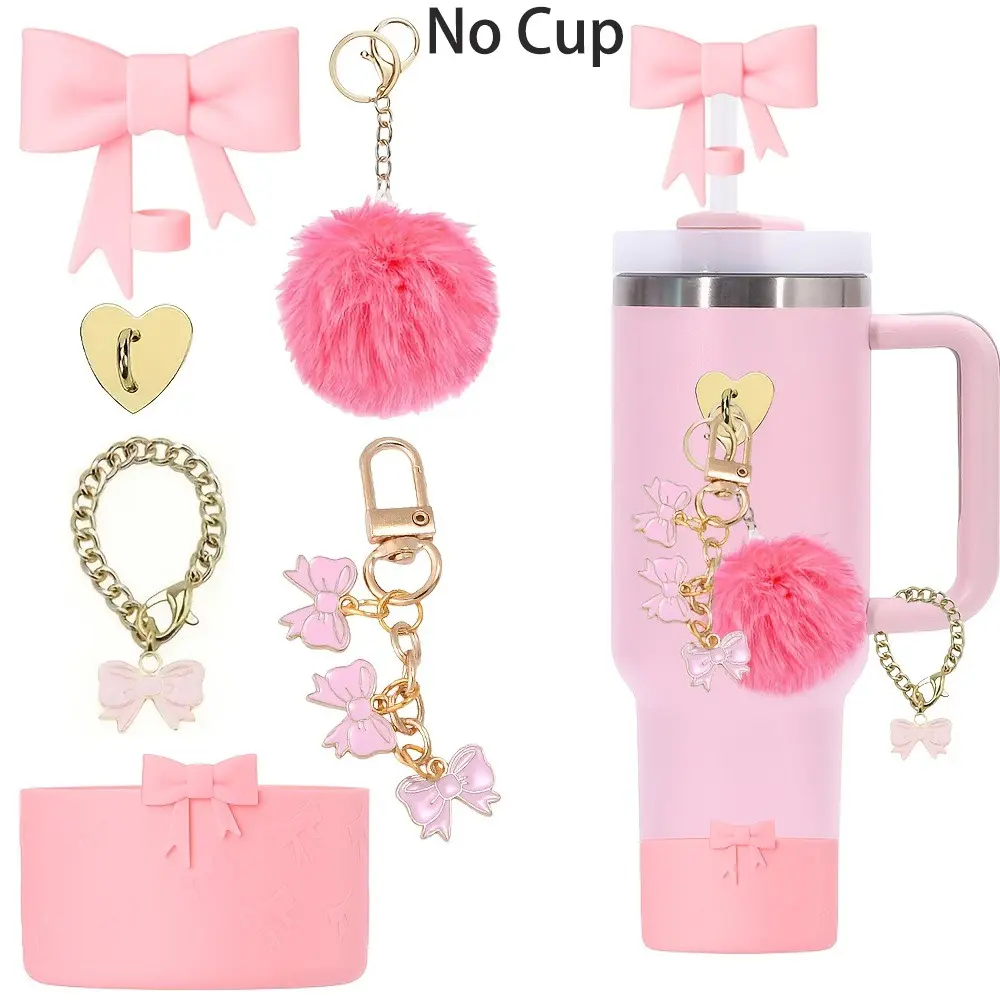 6pcs Cup Accessories Set for 40oz/30oz Tumbler, Straw Toppers For Tumblers, Includes 1 Silicone Sleeve Cup Boot, 1 10mm Straw Cover Cap, Drink Covers, 2Bow&Fluffy Pompoms Charms, 1 Heart Hook, 1 Handle Charm - For Outdoor Sports & Camping (no cup)