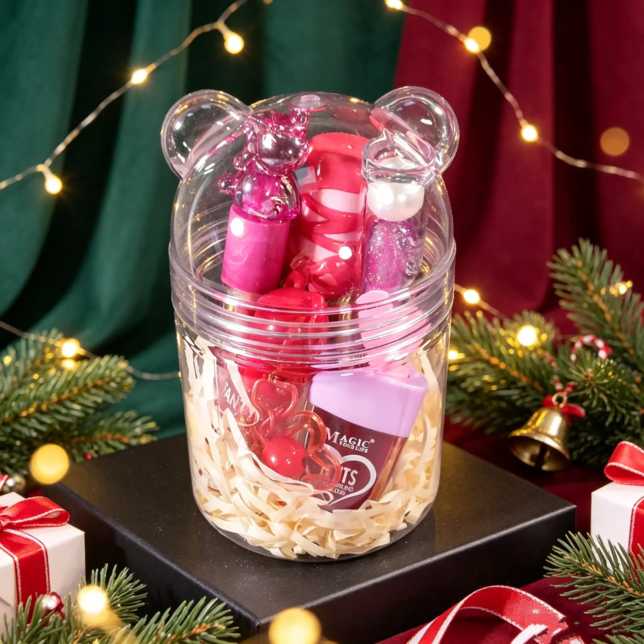 Transparent Bear Sealed Lip Gloss Gift Box, 5pcs Unicorn Bow Design, Shimmer Pearl Mirror Finish, Cute Makeup Set, Holiday Gift