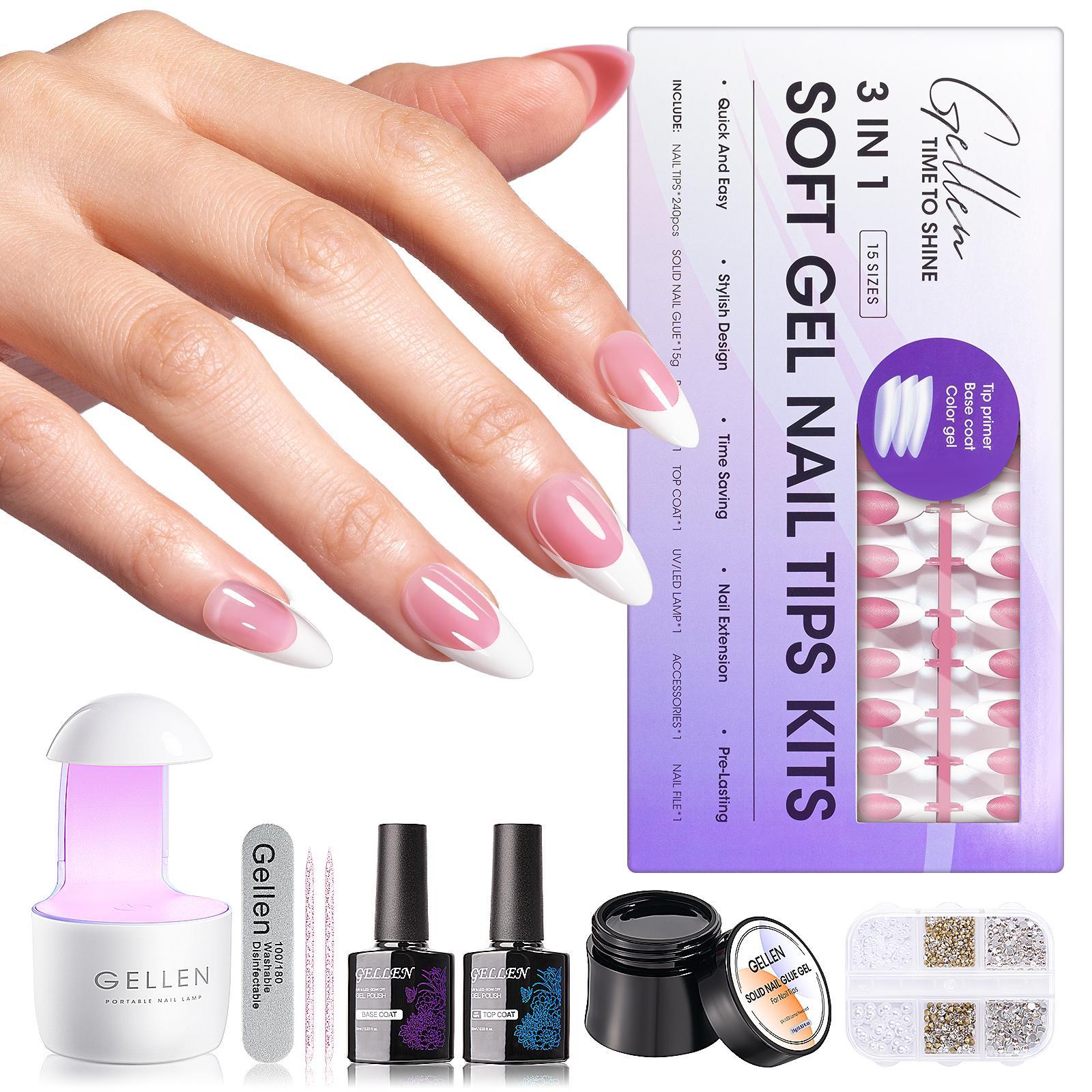 Gellen Complete French Tip Nail Kit – 240pcs, Gel top coat & base coat, UV lamp, Solid Nail Glue Nailartkits Polishset