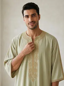 Moroccan Traditional Men's V-Neck Embroidered Long Robe, Traditional Arabic Robe, Muslim Thobe, Islamic Thobe, Cool Daily Wear, Eid Al Adha Festival Costume, Perfect Gift for Friends and Family
