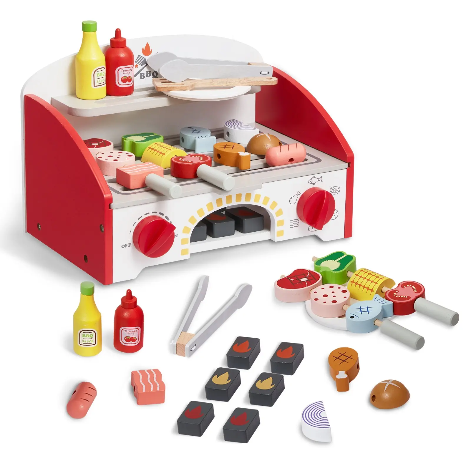 VEVOR Kids BBQ Grill Playset, Wooden Grill Playset With Realistic Carbon Fire, Wooden Play Food Kitchen Accessory (26 PCS), Indoor/Outdoor Interactive Pretend Play Toys for Boys Girls Ages 3+ Gift