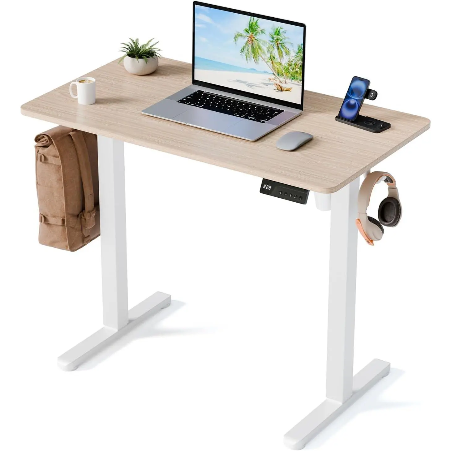 35" Electric Standing Desk, Small Sit Stand up Desk, Light Walnut | Height Adjustable  Desk for  Office, Compact Work & Gaming Desk with  Management and  Steel Frame