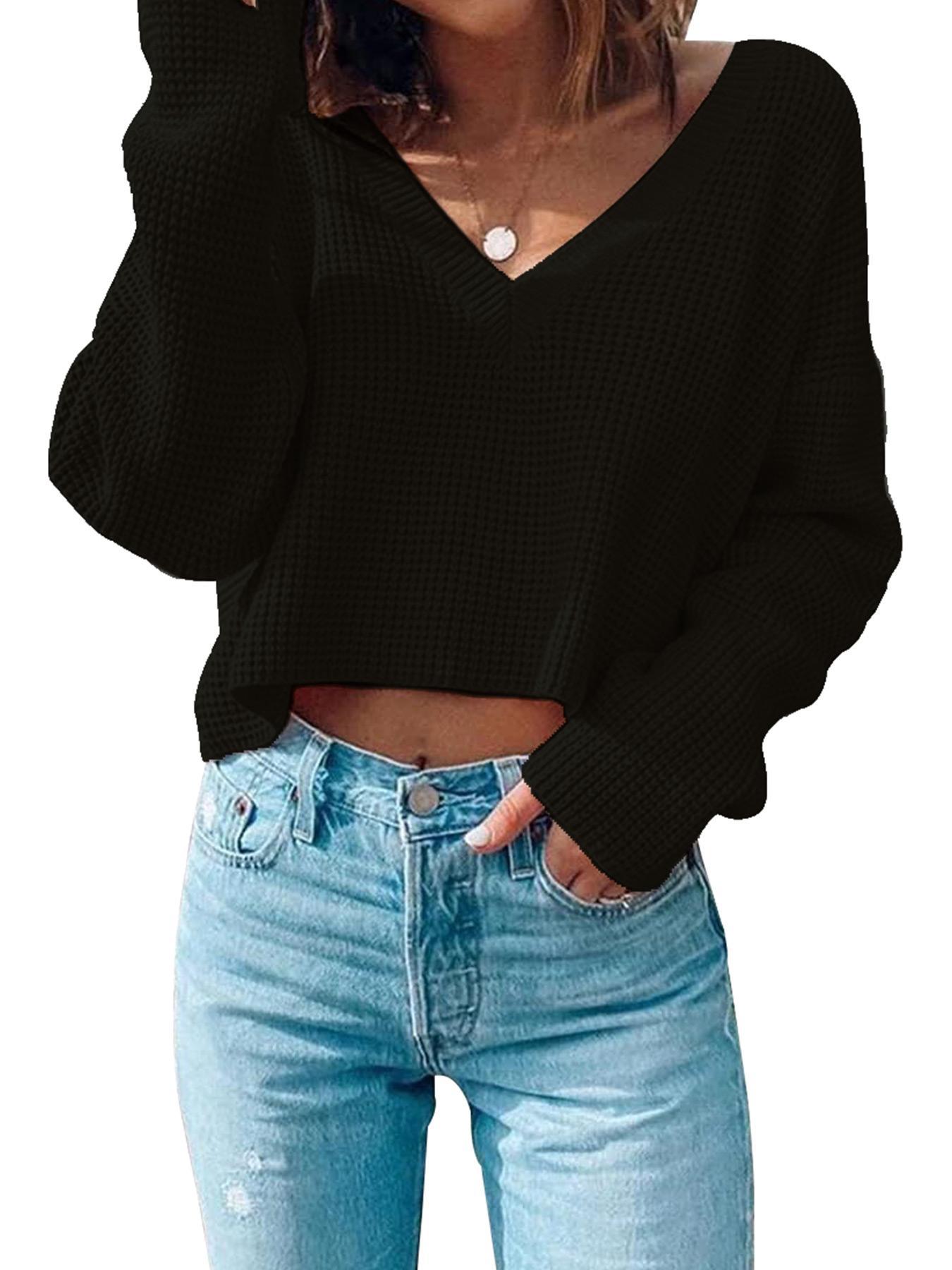 Women's Textured Drop Shoulder Crop Sweater, Basic Soft Casual Long Sleeve Deep V Neck Jumper for Fall & Winter, Women's Knitwear Top for Daily Wear