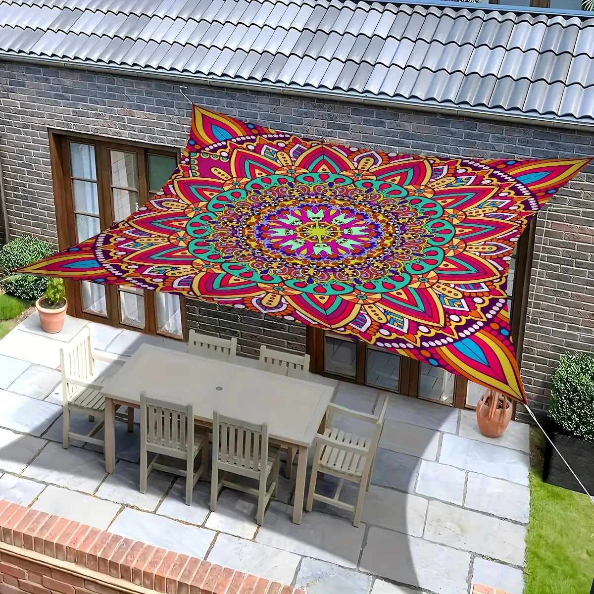 [Polyester Sunshade Canopy] Durable Polyester Outdoor Sunshade Canopy| Digital Printed Vintage European Mandala Pattern, Washable, 150Gsm, with Four Fixing Ropes, Suitable for Gardens, Camping, and Beaches