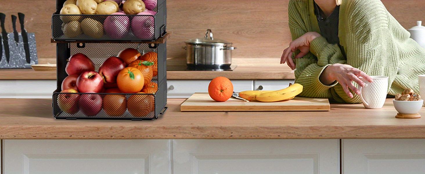 2-Pack Fruit Basket Wire Basket, Stackable Wall-Mounted Countertop Kitchen Counter Organizer for Snacks, Fruits and Vegetables Storage, Onion and Potato Hanging Basket with Wooden Lid