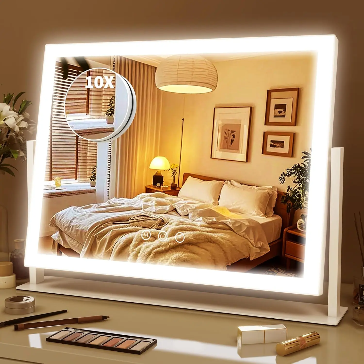 Lighted Makeup Mirror 16.3"x12.6", Hollywood Mirror with 10X Magnifier, 3 Color LED Lighting Modes, & 360°, Tabletop Makeup Mirror (White, Gift Ready)