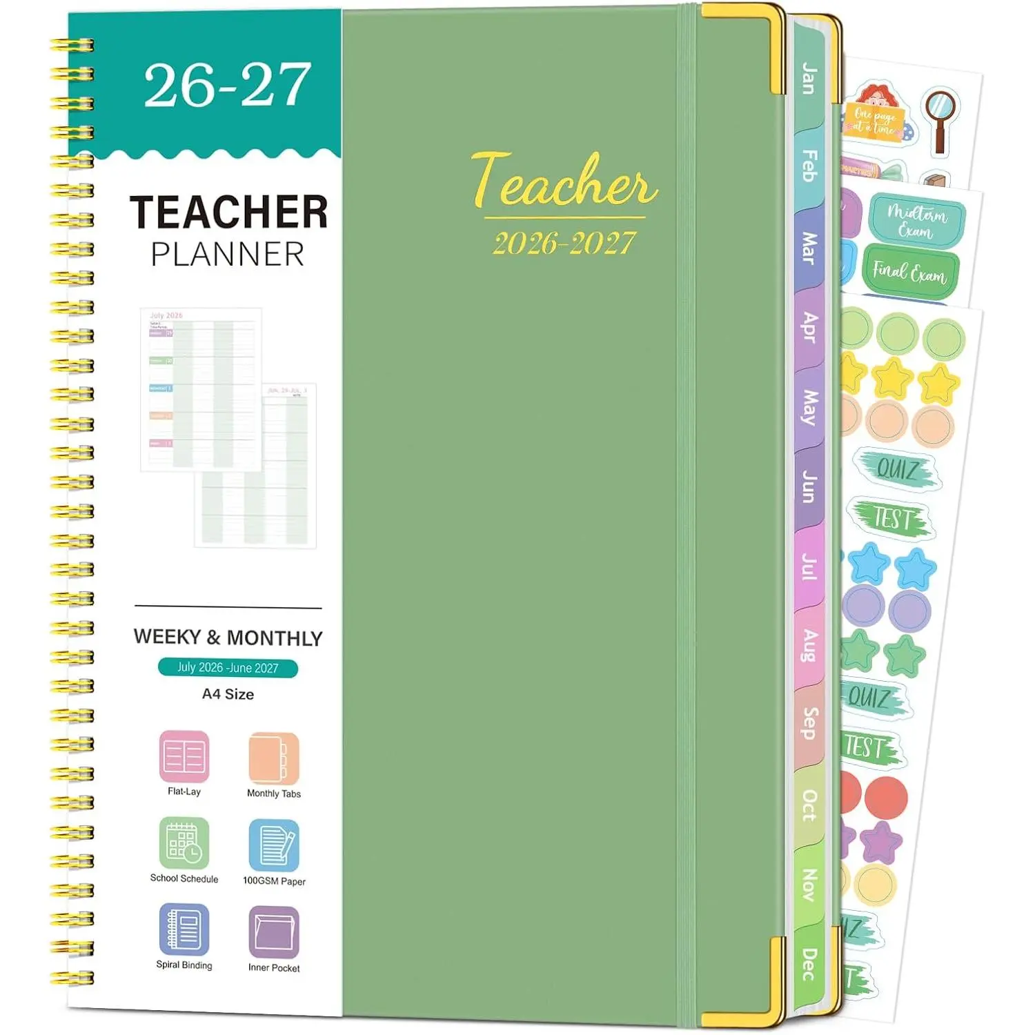 Teacher Planner 2026-2027, July 2026-June 2027 Academic Year, Large 8.5" x 11" Teacher Lesson Planner 2026-2027 with Colorful Monthly Tabs, Teacher Calendar Book for Homeschool, Hardcover - Green