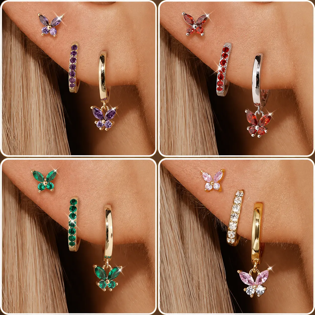 14K Gold Plated Hypoallergenic Butterfly Earrings Set for Women, 3-Pairs Exquisite Pink Butterfly Purple Cubic Zirconia Earrings Shiny Colorful CZ Butterfly Ear Studs Trendy Huggie Hoop Dainty Multipack Earrings Set