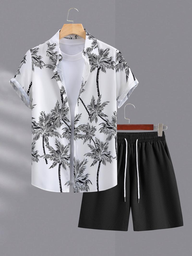 Men's Coconut Tree Print Shirt & Shorts Set, Regular Fit Casual Short Sleeve Button Up Top & Drawstring Waist Shorts, Men's Summer Outfits