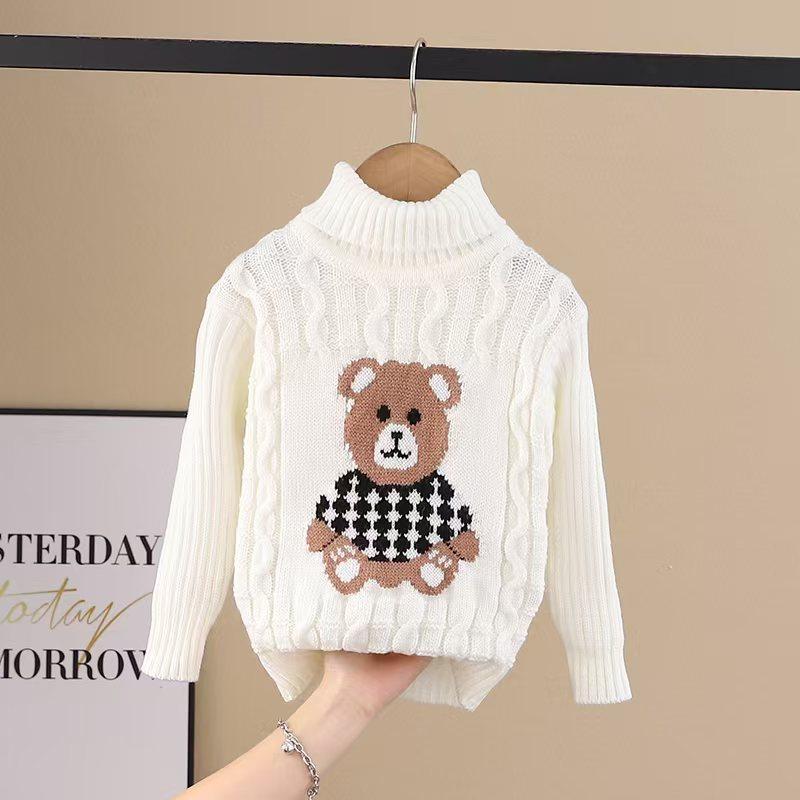 1pc Kids Cartoon Bear Turtleneck Sweater - 100% Acrylic Knit Fabric, Casual High Neck, Skinny Fit, Long Sleeve, Regular Length - Boys and Girls Fall/Winter Pullover Sweater